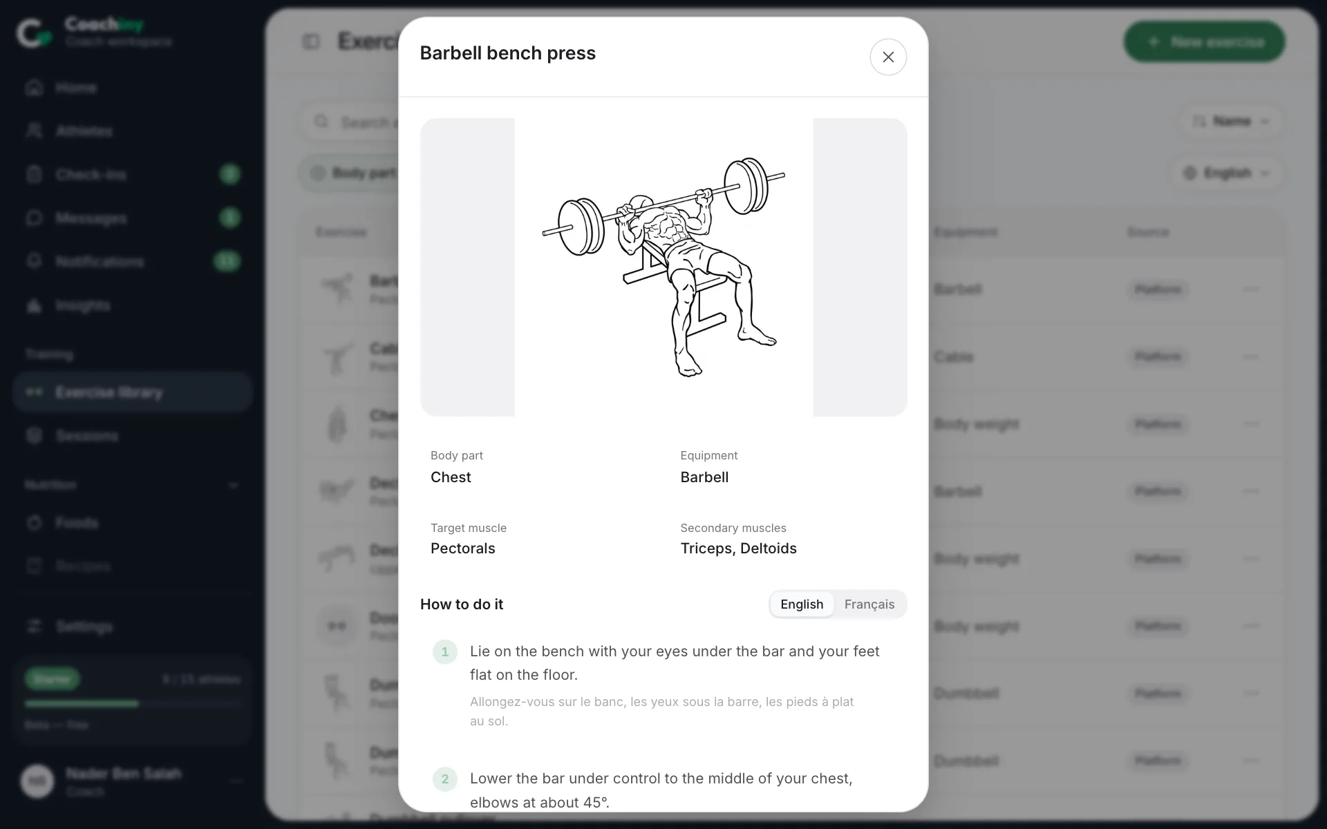 The exercise library filtered to chest, with the bench press panel open: its demonstration and instructions.