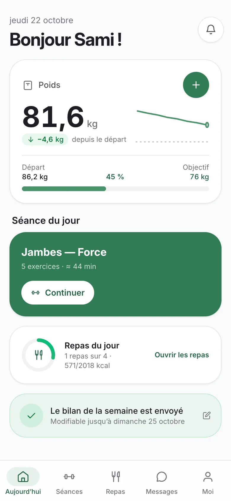 L’application athlète sur un téléphone : la séance et les repas du jour.